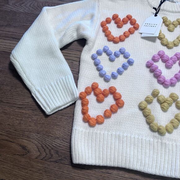 English Factory Heart Pom Sweater Knit Wool Blend Ivory Love Womens Size Small - Picture 7 of 14